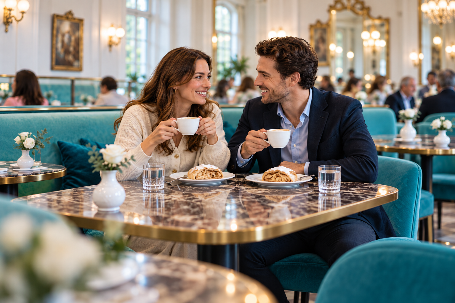 Zwei Menschen genießen Kaffee und Apfelstrudel in einem Café